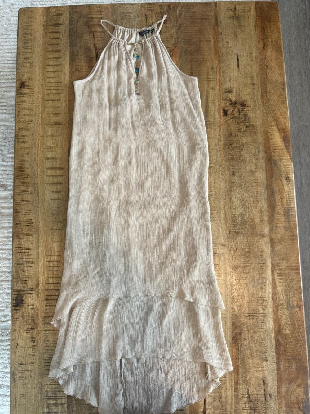 Mlle Gabrielle Halter Dress Size M Beige Rayon Tiered Hi-Low Hem